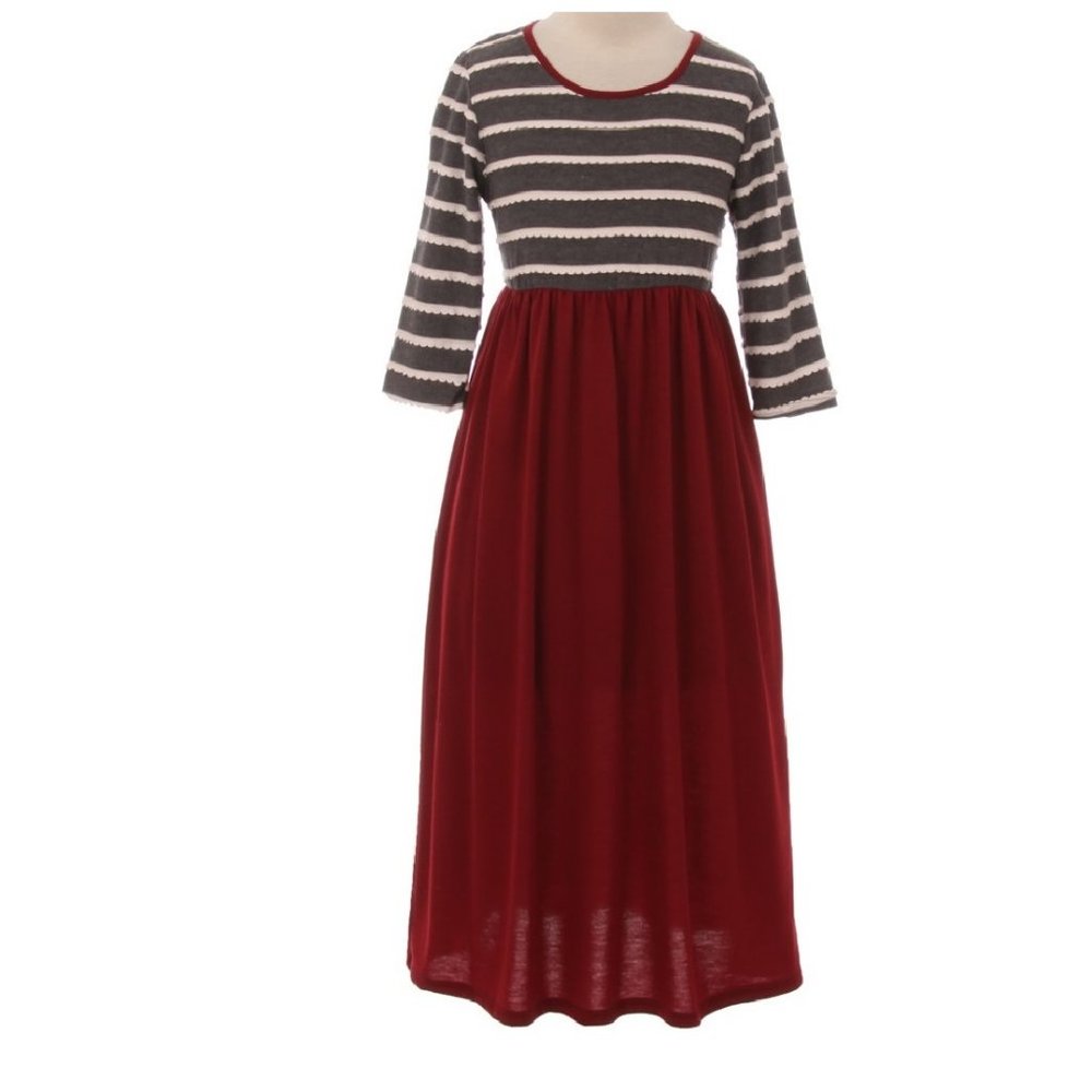Burgundy Size 4 Stripe Bodice Chiffon Bottom Little Girl Flower Girls Dresses